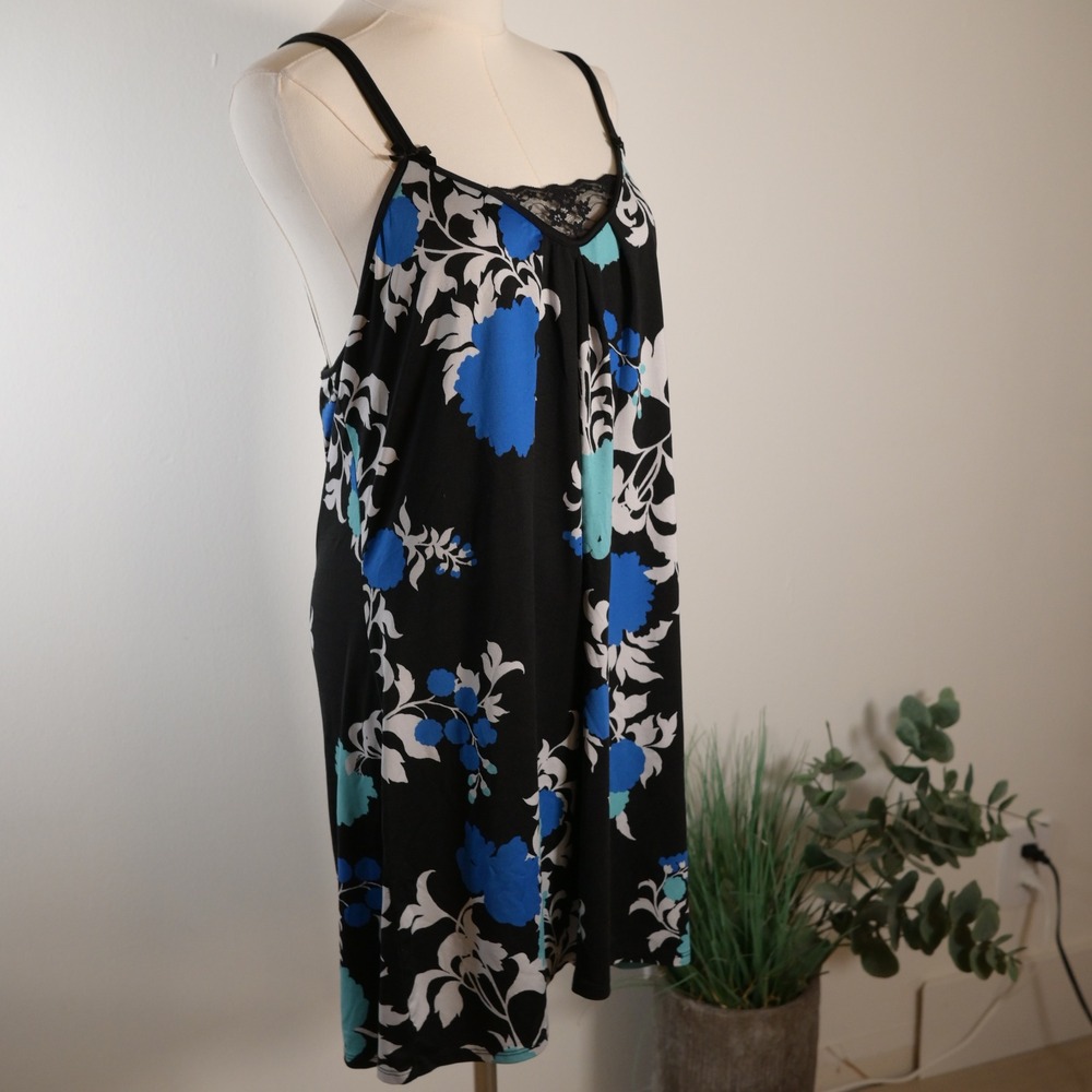 Linea Donatella Floral Lace Trim Chemise Nightgown Black Blue L